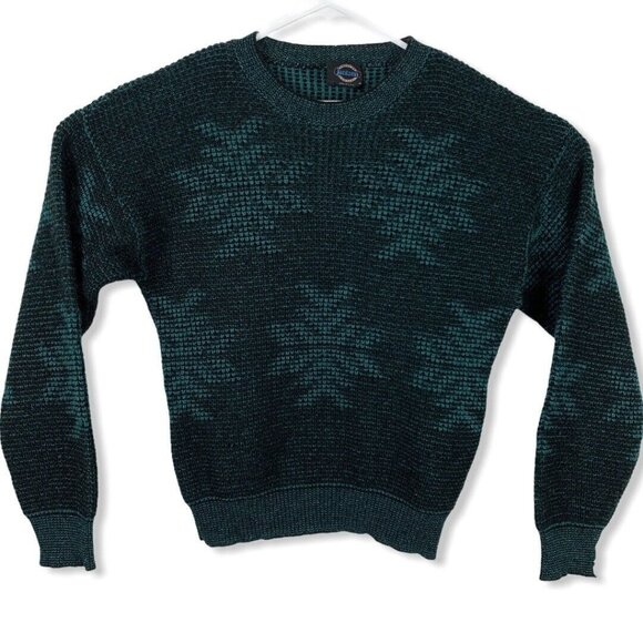 Vintage Jantzen Sweater Size Medium Wool Blend Nordic Black Blue Teal Mens FLAW